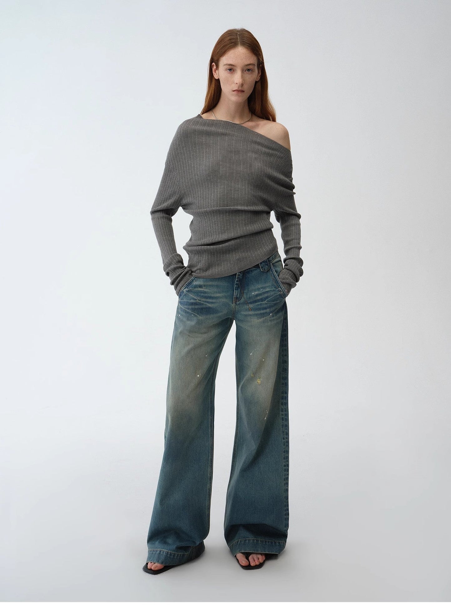 "Climber" Leather-Coated Distressed Straight Low-Rise Cotton Denim Trousers for Spring