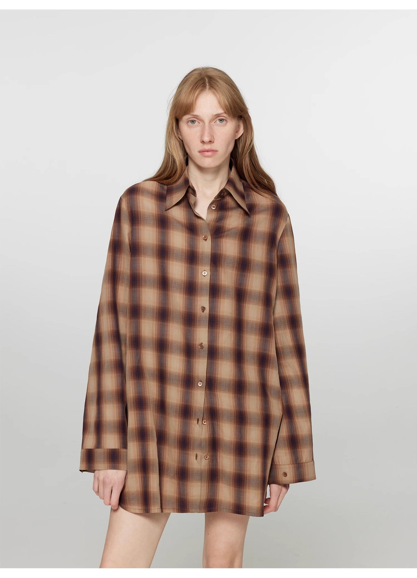 "Tea Grid" High-Quality High-Count Cotton Loose Retro Plaid Shirt