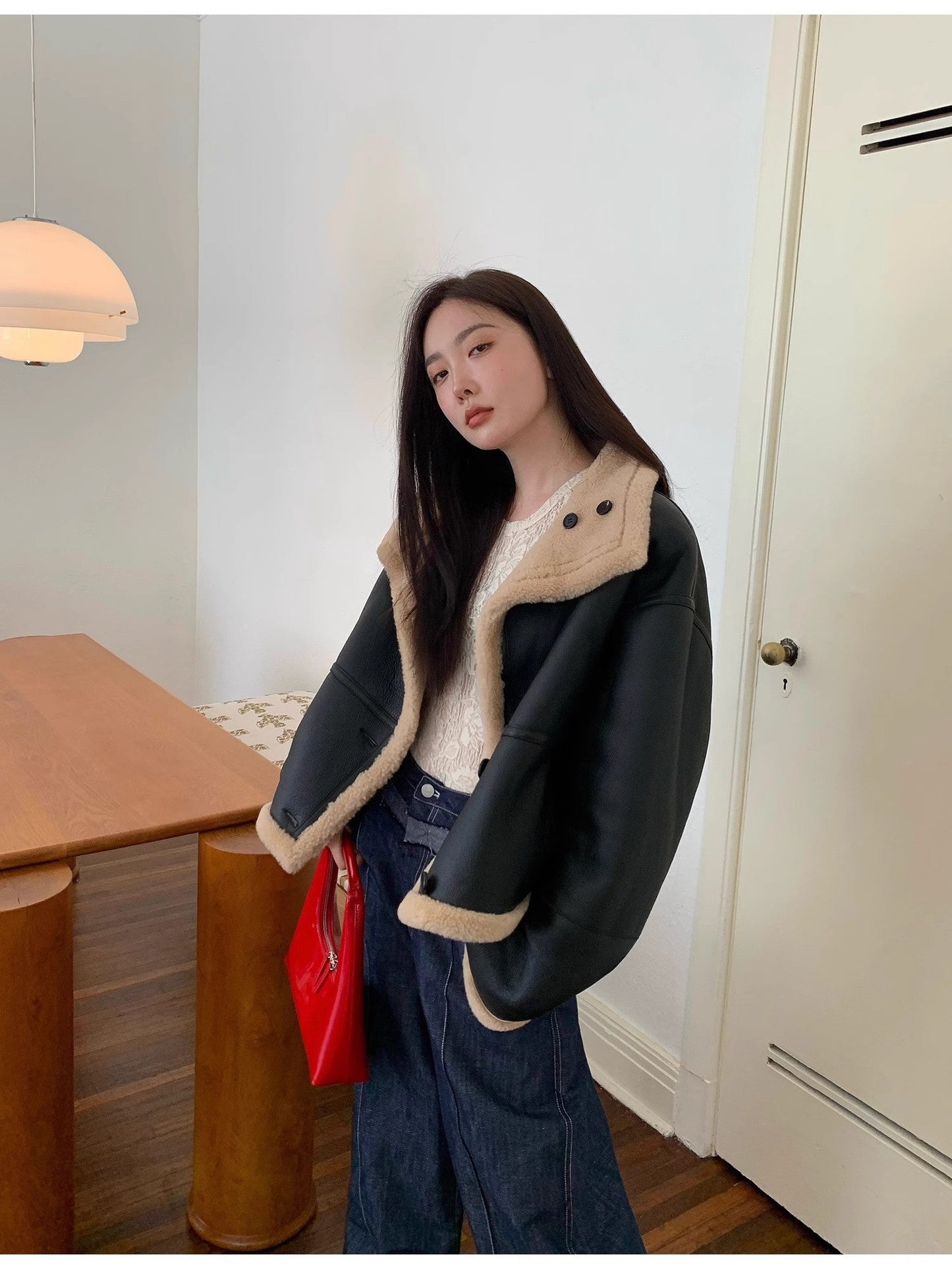 "Corner Coffee" Merino Wool Sheepskin Stand-Up Collar Motorcycle Reversible Young Fur Coat for Women