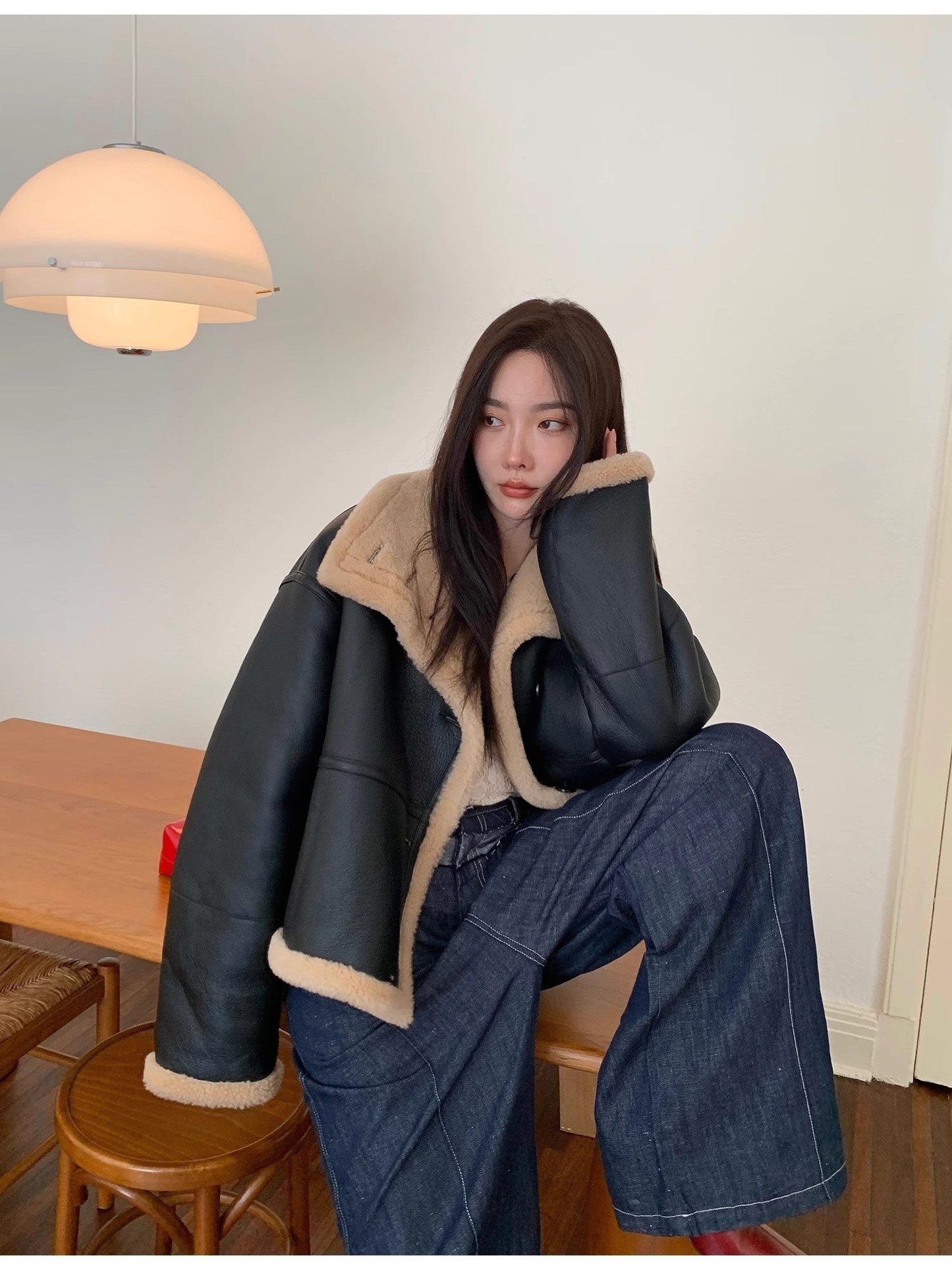 "Corner Coffee" Merino Wool Sheepskin Stand-Up Collar Motorcycle Reversible Young Fur Coat for Women