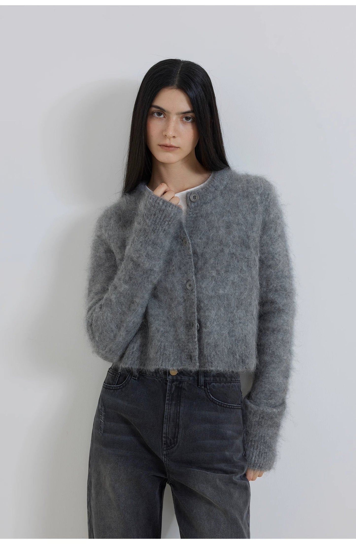 "Relaxation Notes" High-Proportion Mohair Knit Cardigan Women's Loose Short Round Neck Sweater Jacket