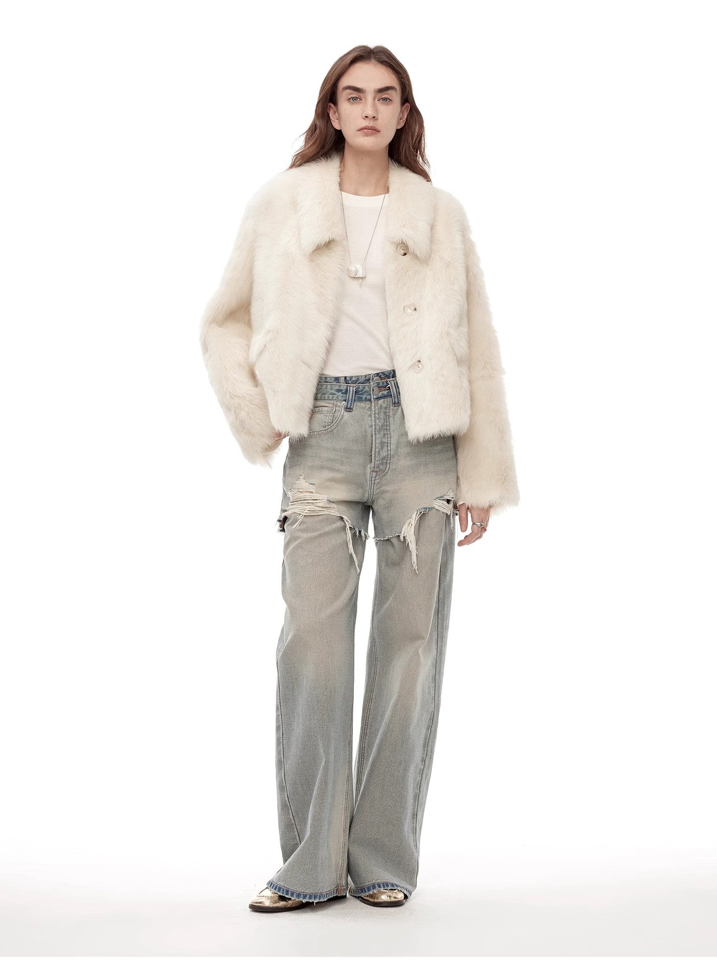 "Dream Walk" Long Lapel Tuscan Wool Sheepskin Short Fur Coat for Women