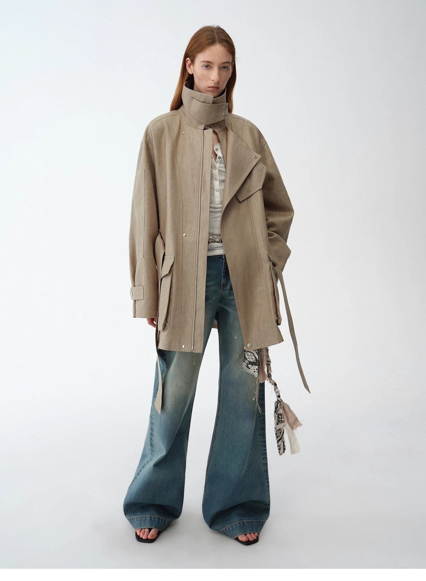 "Climber" Leather-Coated Distressed Straight Low-Rise Cotton Denim Trousers for Spring