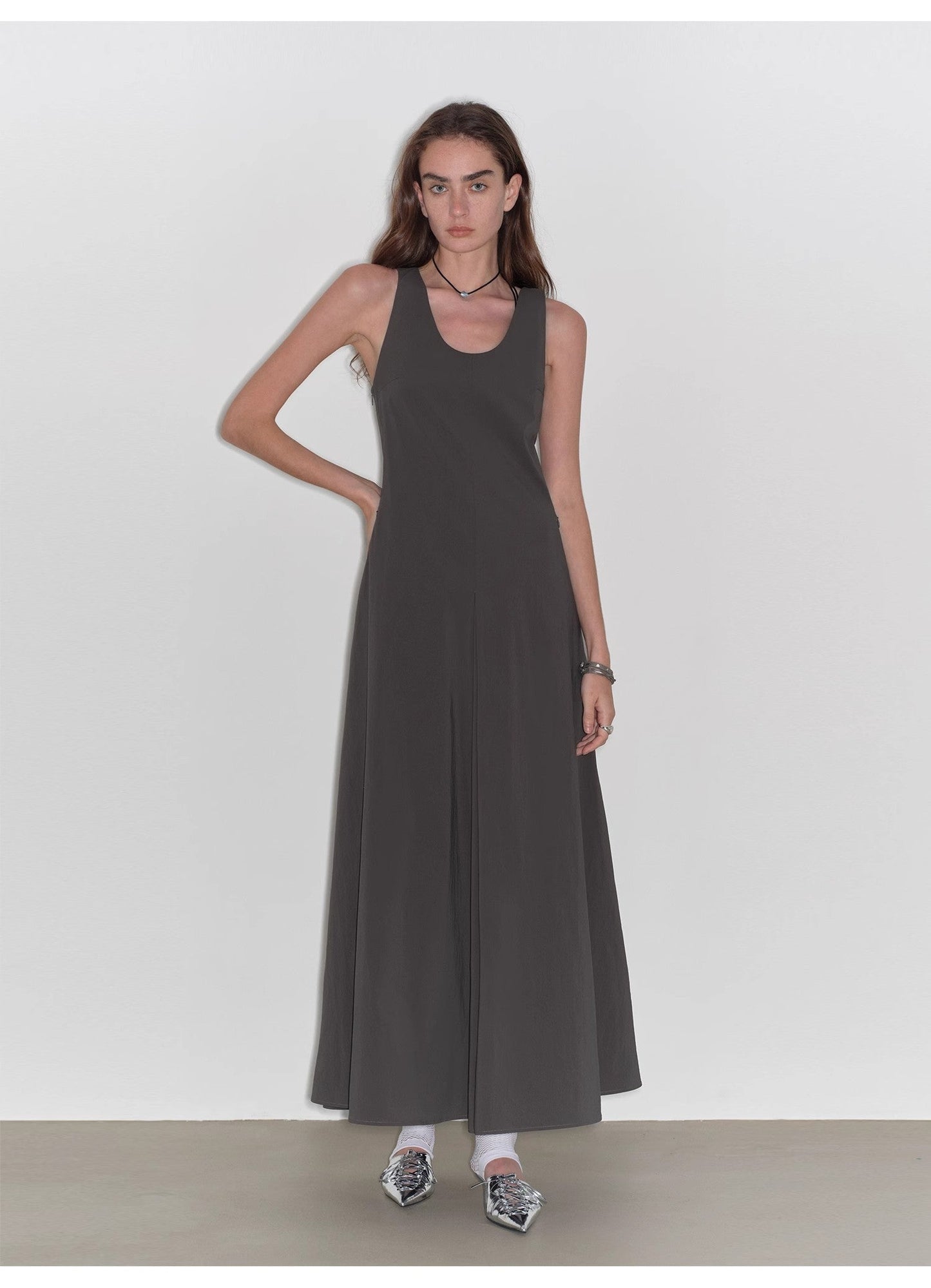 "Lake Bled" Simple and Slim Texture U-Neck A-Line Slim Fit Vest Dress