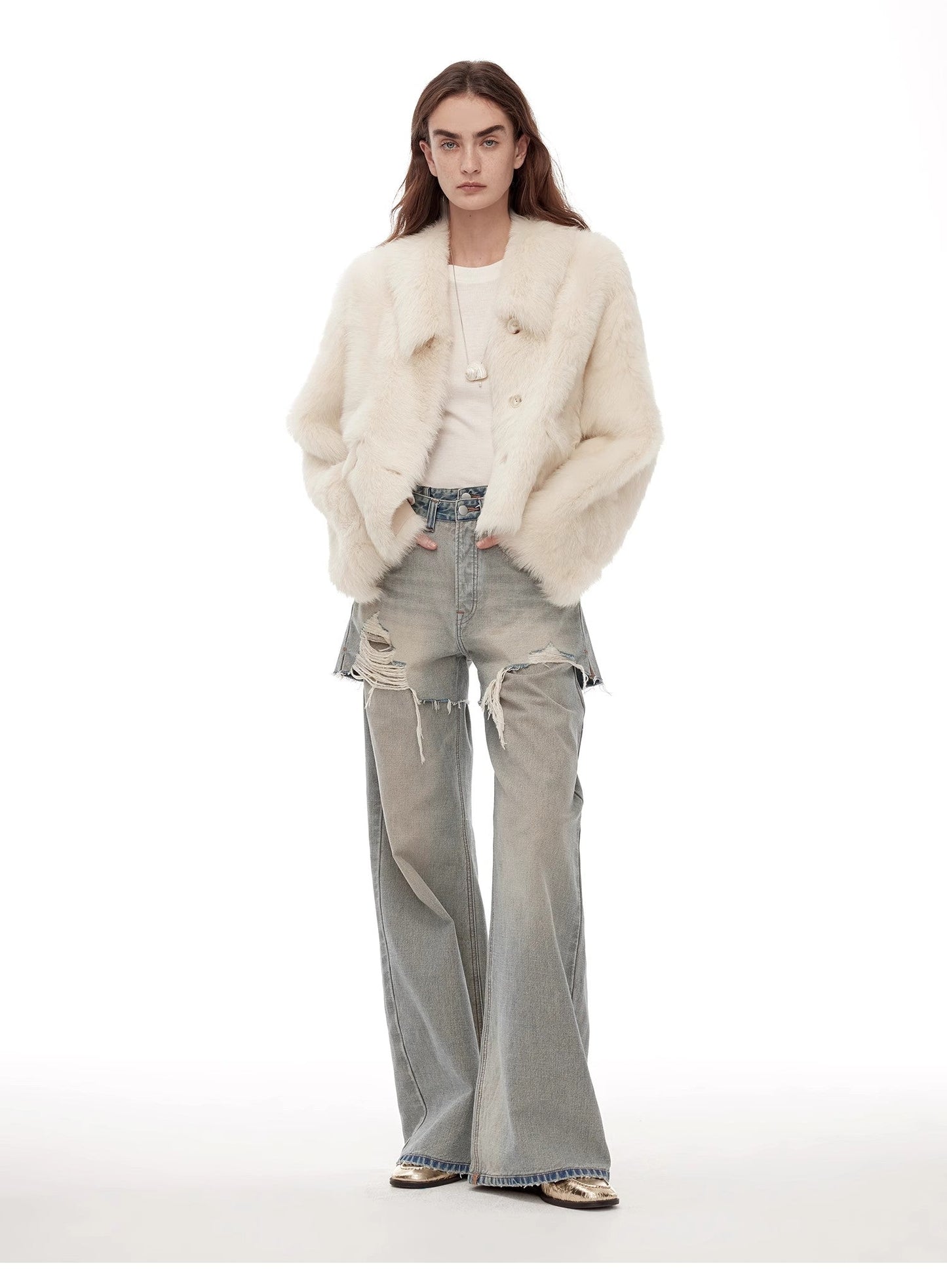 "Dream Walk" Long Lapel Tuscan Wool Sheepskin Short Fur Coat for Women
