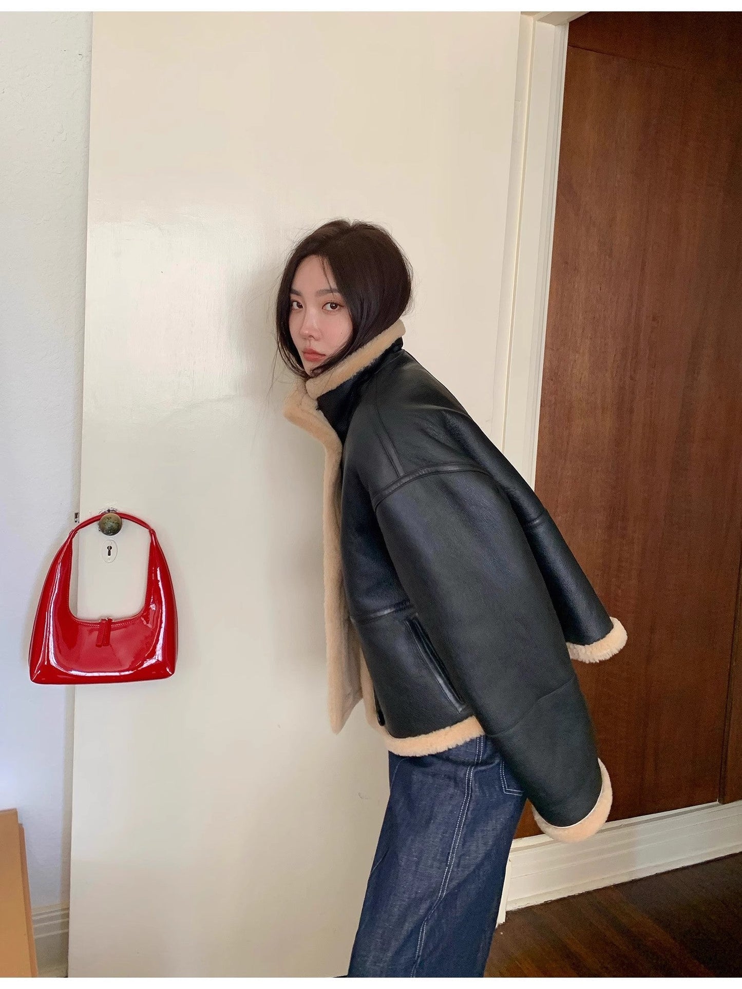 "Corner Coffee" Merino Wool Sheepskin Stand-Up Collar Motorcycle Reversible Young Fur Coat for Women