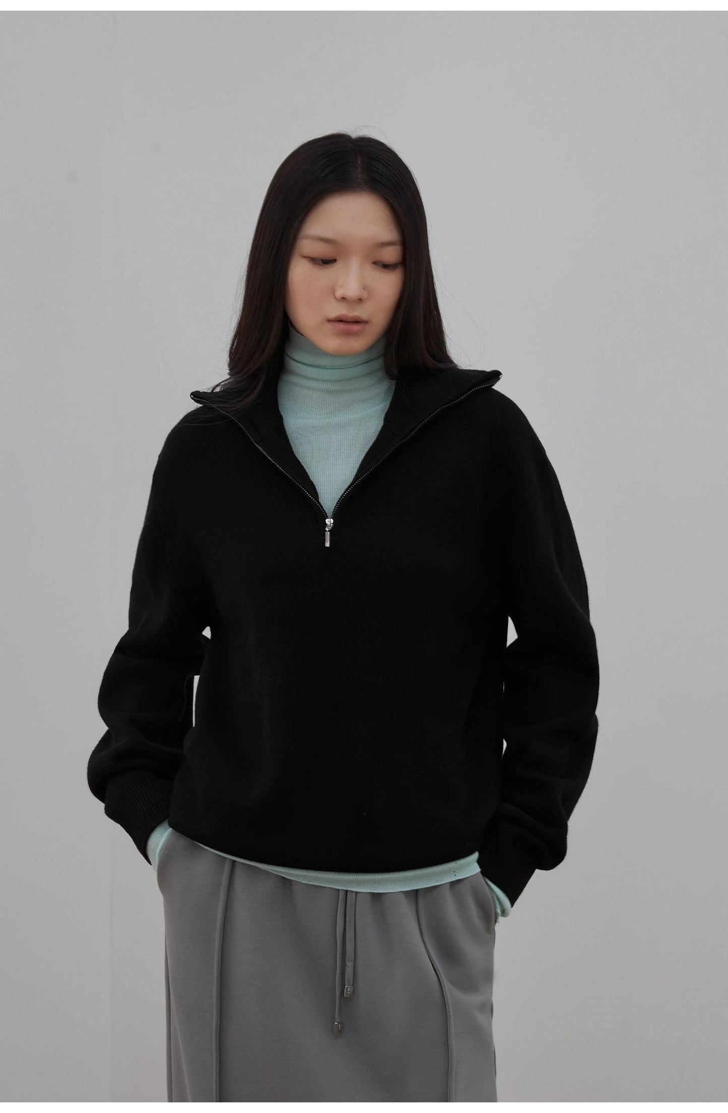 "Moonlight Farm" Merino Wool Lazy Loose Pullover Sweater Women's Zipper Turtleneck Sweater