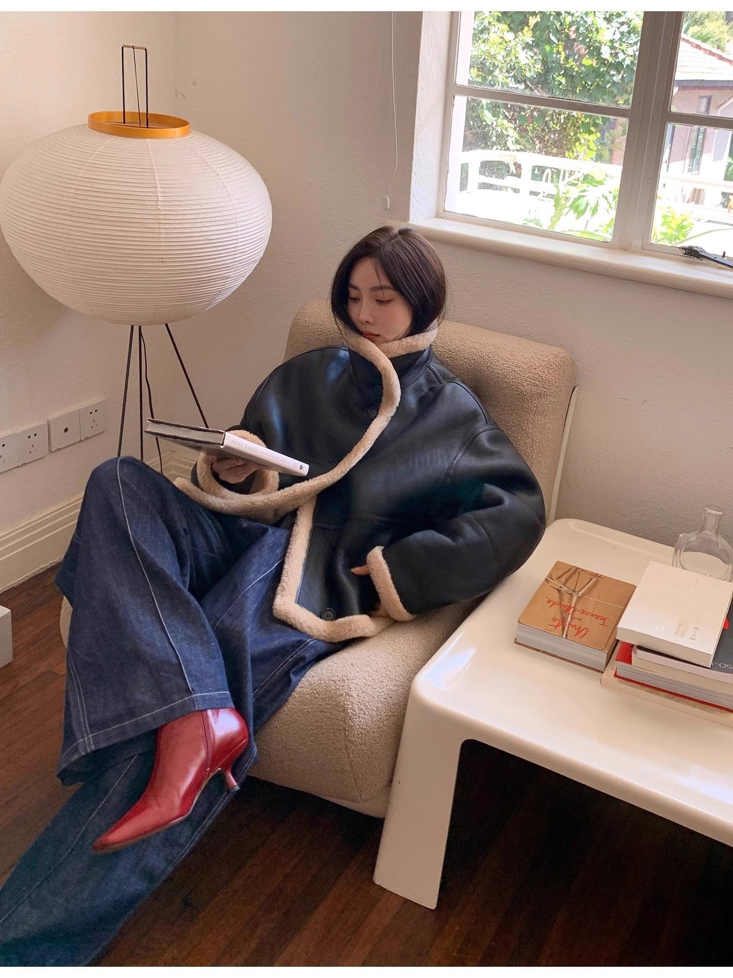 "Corner Coffee" Merino Wool Sheepskin Stand-Up Collar Motorcycle Reversible Young Fur Coat for Women