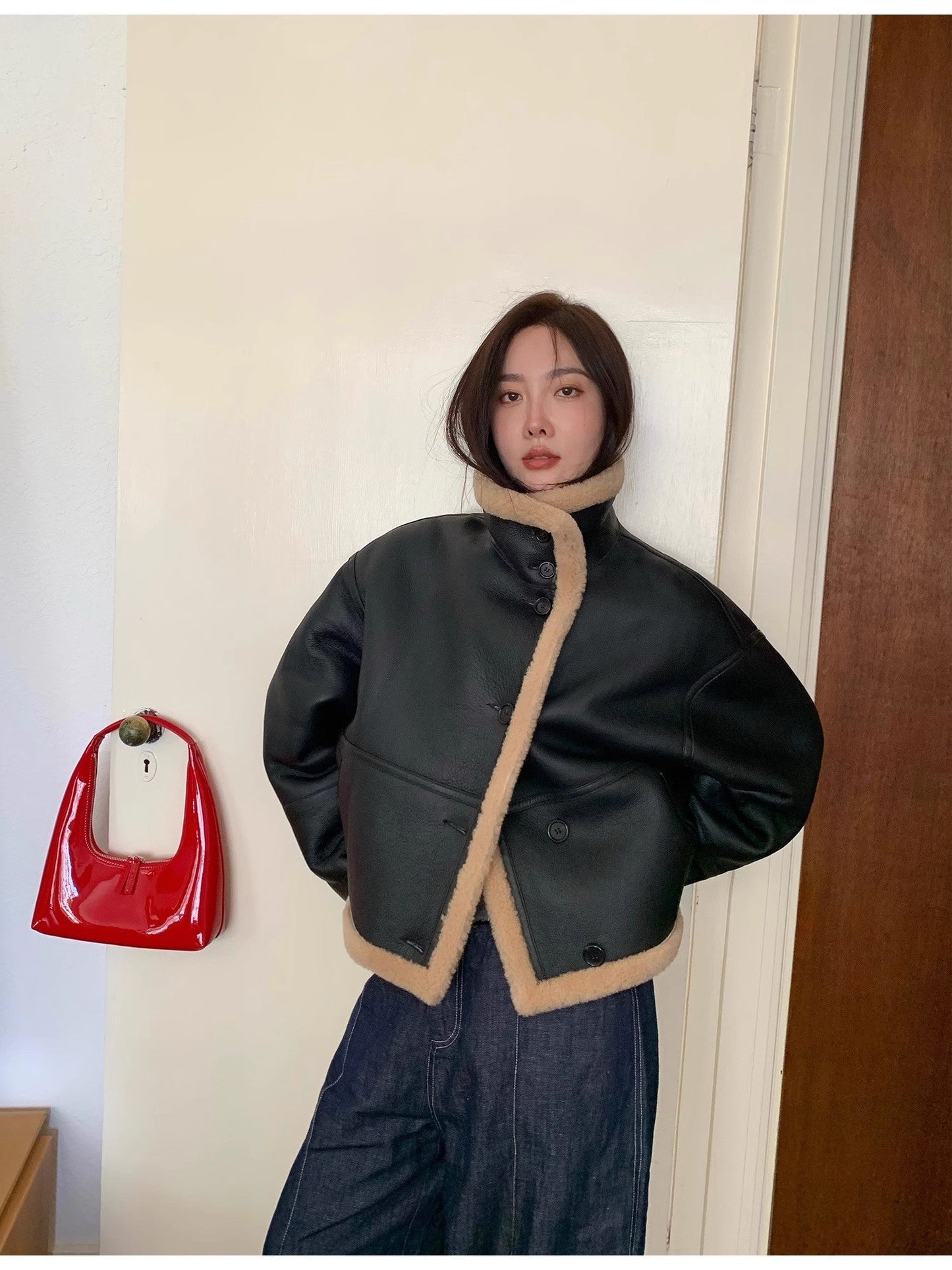 "Corner Coffee" Merino Wool Sheepskin Stand-Up Collar Motorcycle Reversible Young Fur Coat for Women