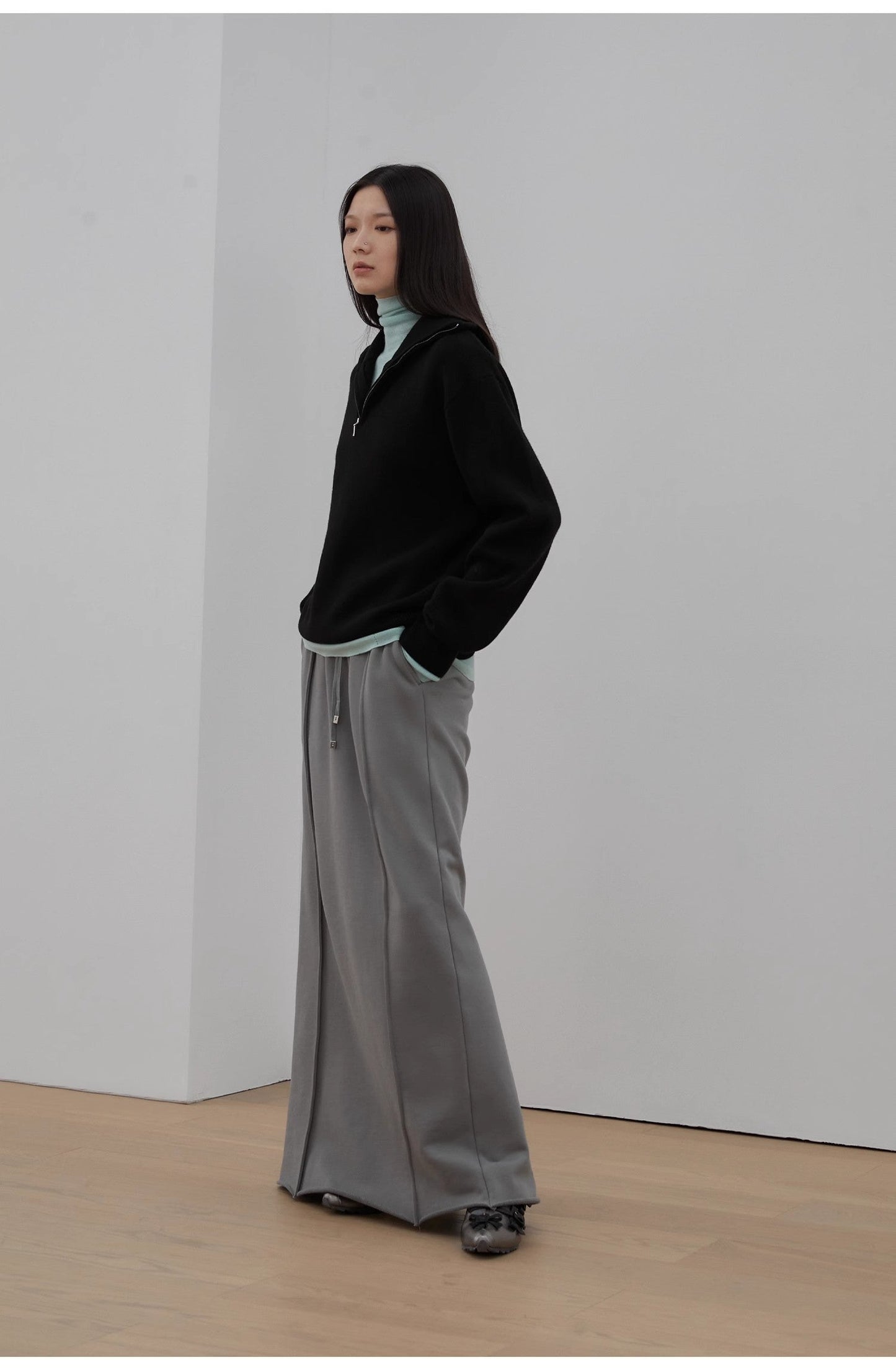 "Moonlight Farm" Merino Wool Lazy Loose Pullover Sweater Women's Zipper Turtleneck Sweater