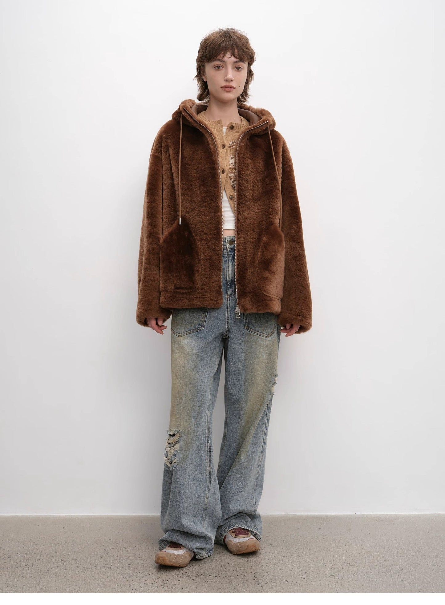 "Otaru Snow" Casual Hooded Silhouette Dropped Shoulder Merino Wool Sheepskin Fur Coat for Women