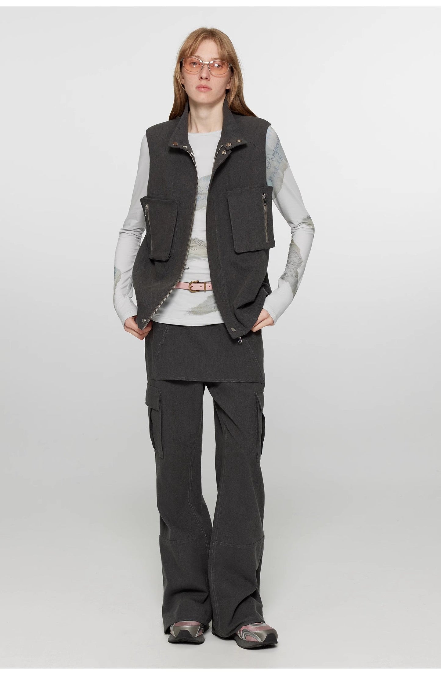 "Free to Run Away" Miu Style Fake Two-Piece Workwear Micro-Flared Casual Pants Low-Waist Slim Zipper Trousers for Women