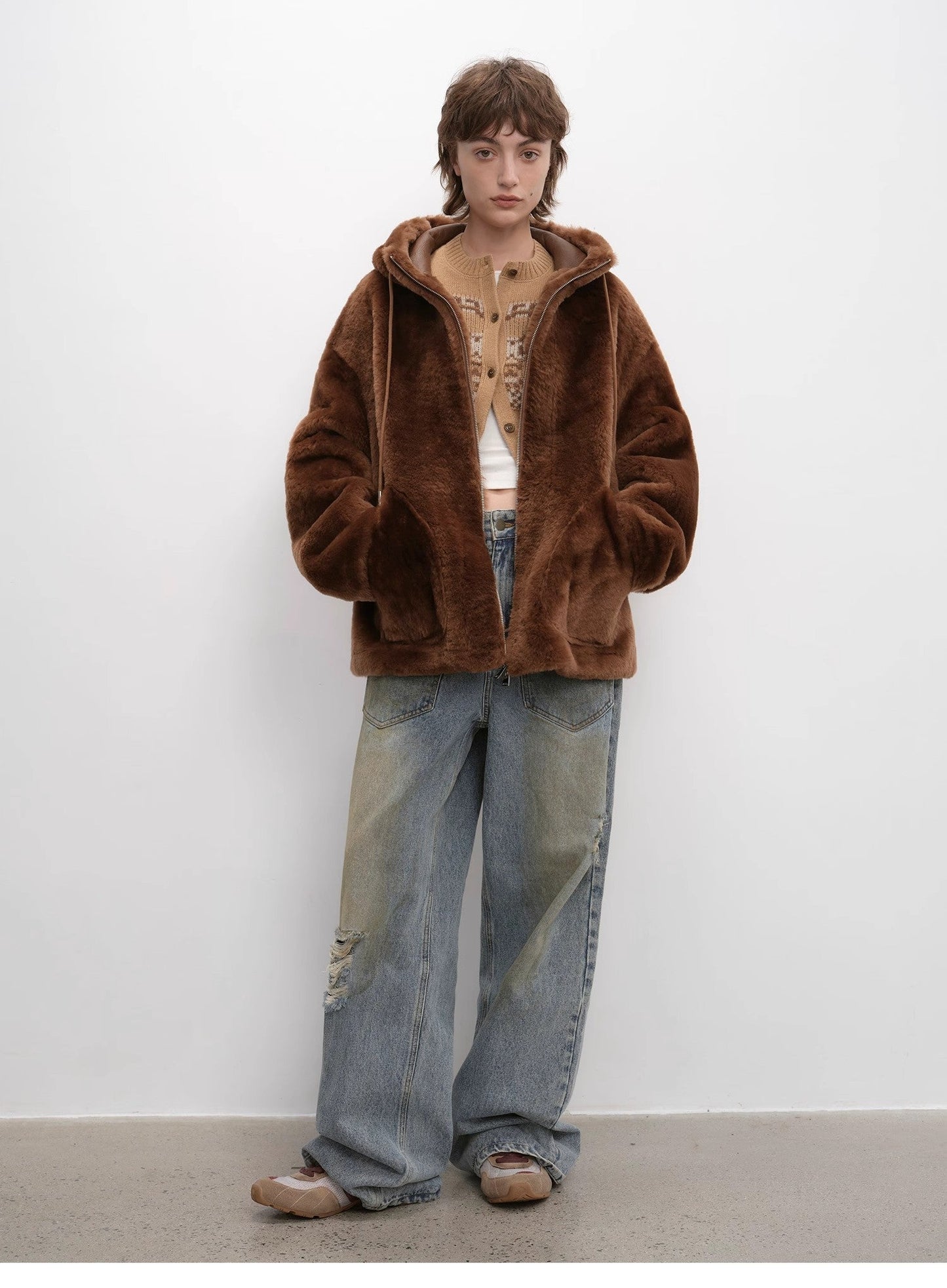 "Otaru Snow" Casual Hooded Silhouette Dropped Shoulder Merino Wool Sheepskin Fur Coat for Women