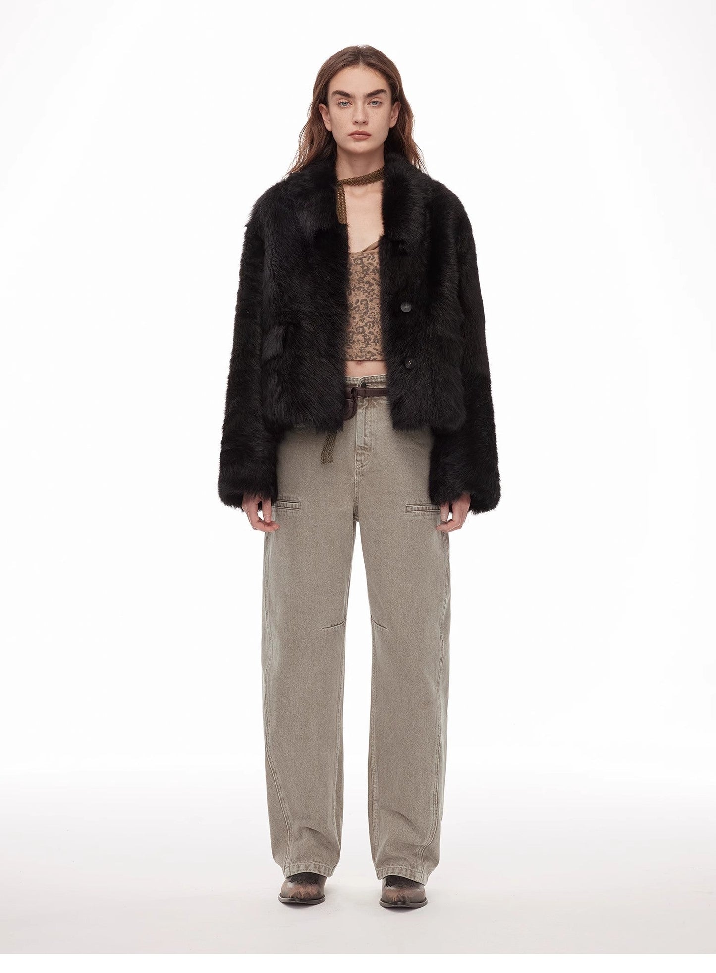 "Dream Walk" Long Lapel Tuscan Wool Sheepskin Short Fur Coat for Women