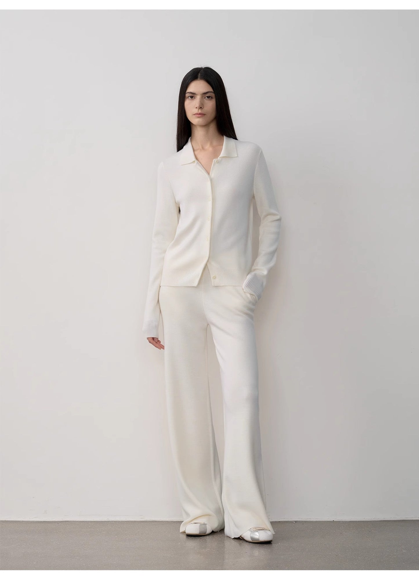 "Lazy Urban" Yangtze Merino Wool Polo-Neck Cardigan Straight-Leg Knitted Pants Suit
