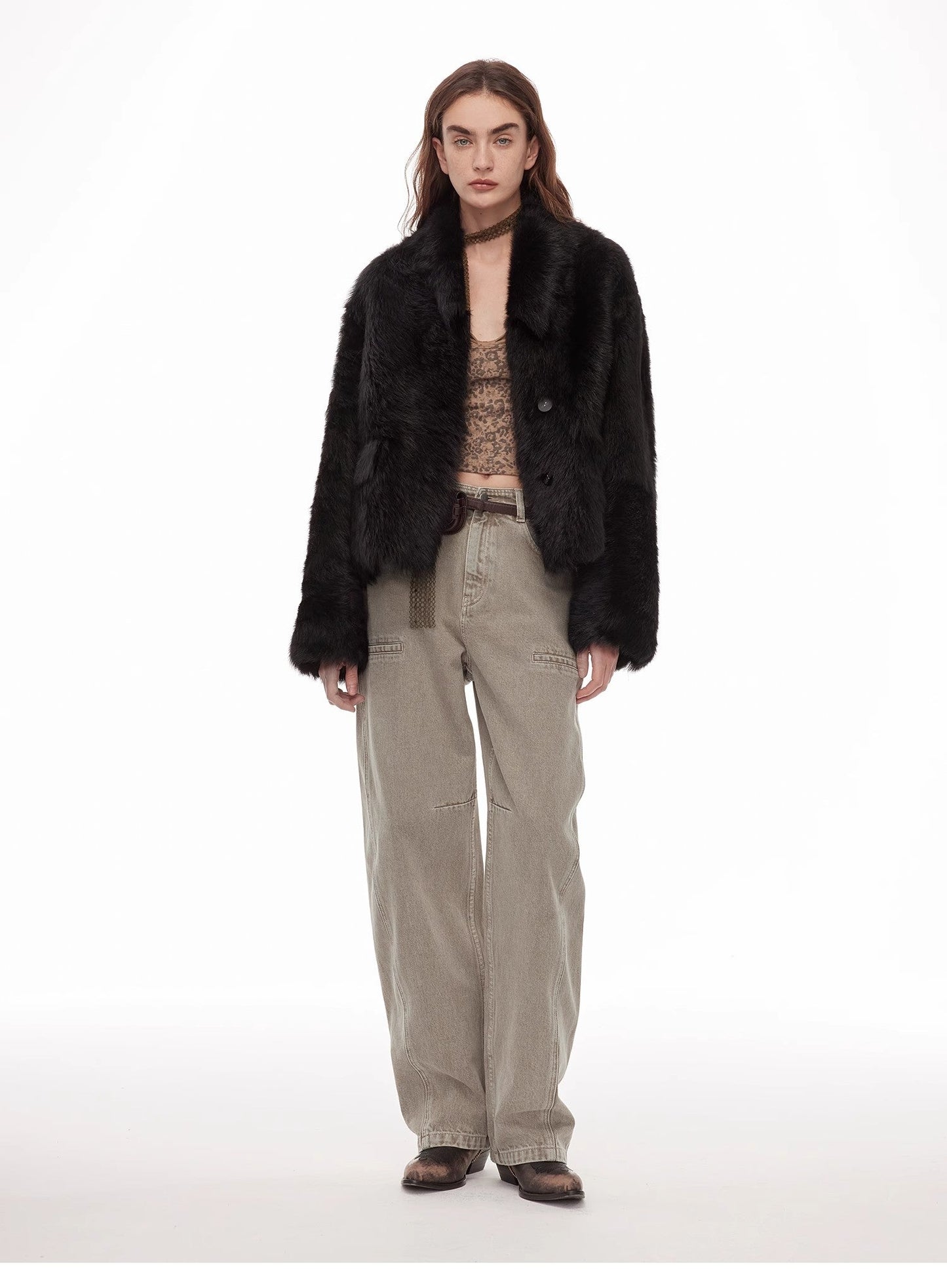 "Dream Walk" Long Lapel Tuscan Wool Sheepskin Short Fur Coat for Women