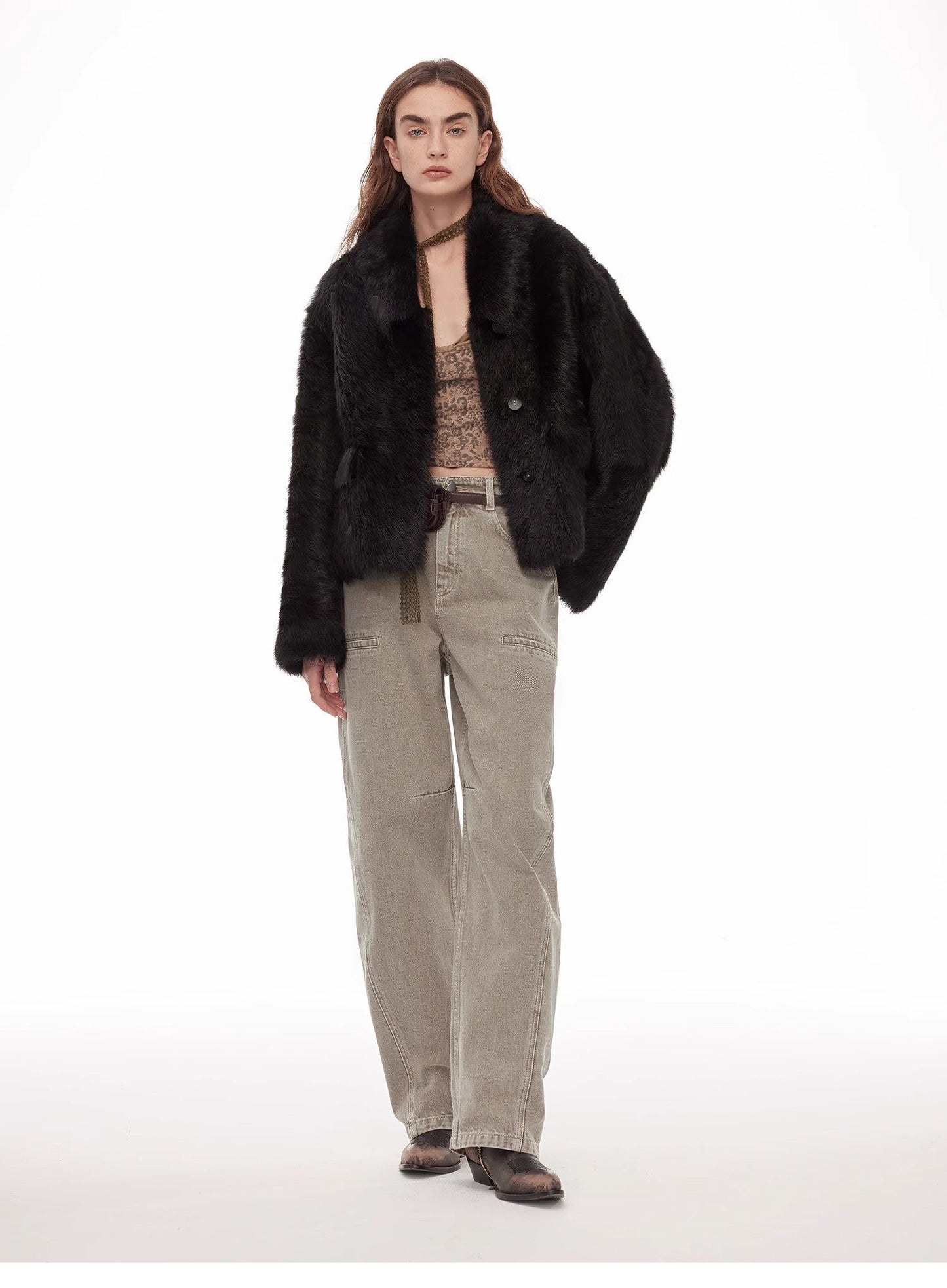"Dream Walk" Long Lapel Tuscan Wool Sheepskin Short Fur Coat for Women