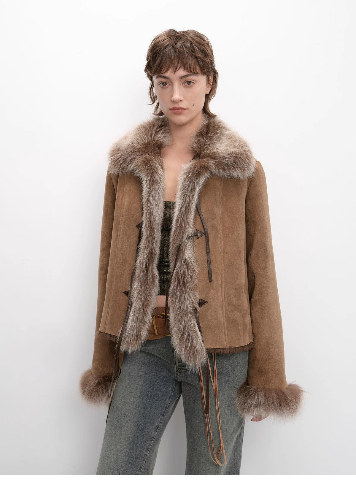 Fireladyfur Women's Shearling Coat - Imported Merino Wool Patchwork Fox Fur Collar Florence