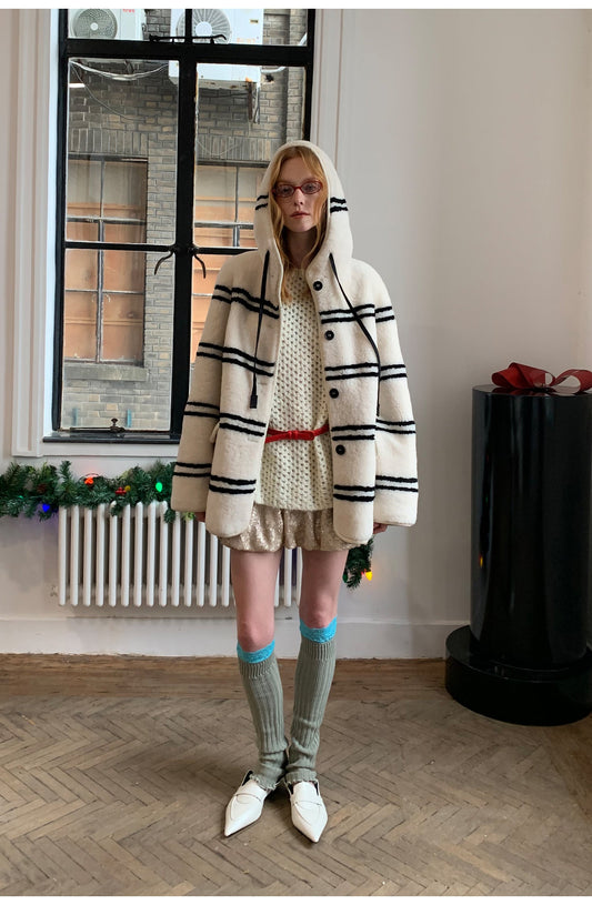 Snowy New Year Merino Sheepskin Lamb Wool Striped Jacket