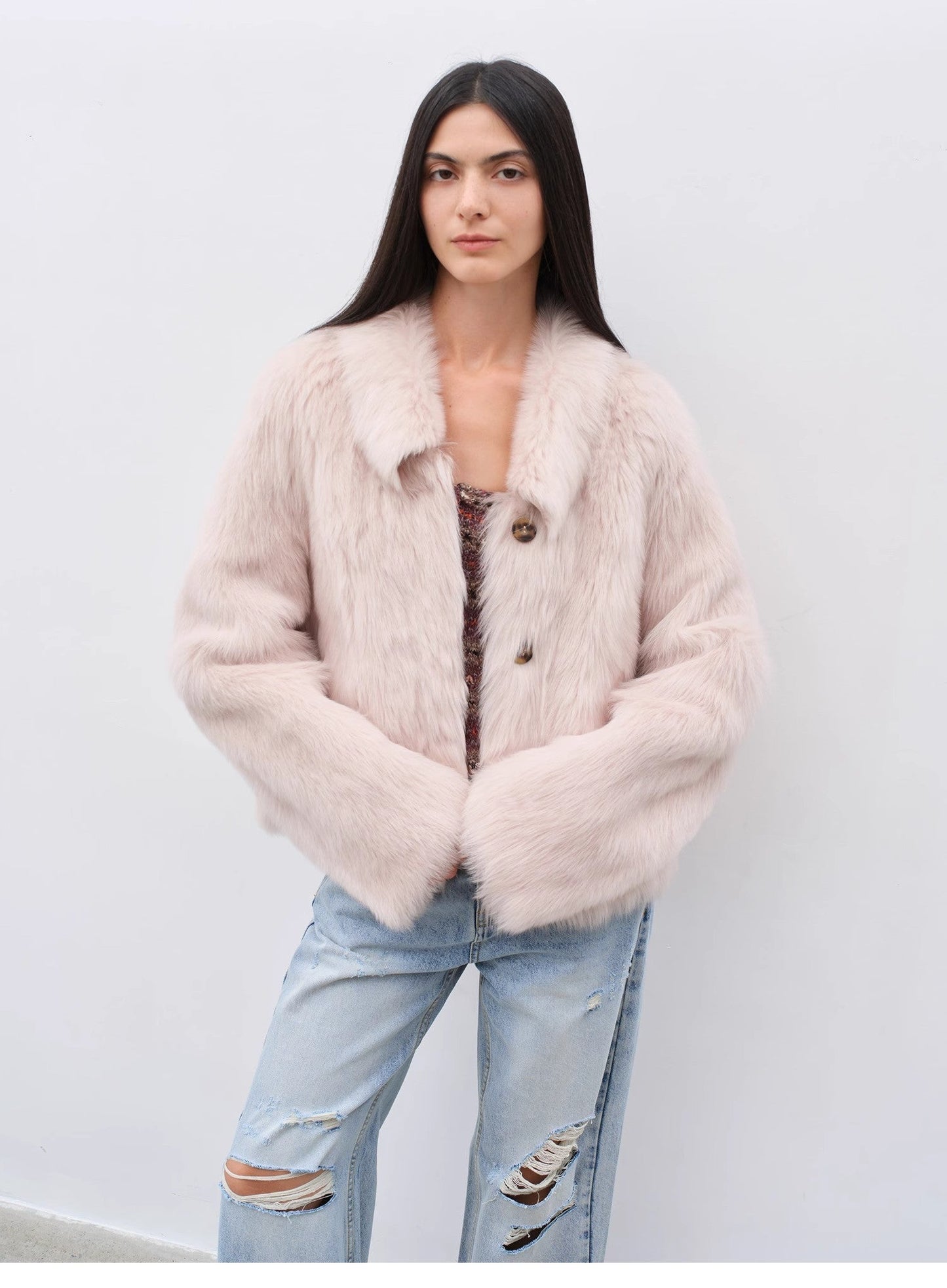 "Dream Walk" Long Lapel Tuscan Wool Sheepskin Short Fur Coat for Women