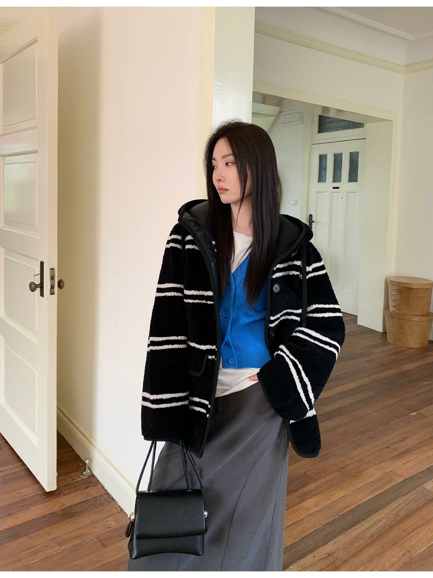 Snowy New Year Merino Sheepskin Lamb Wool Striped Jacket