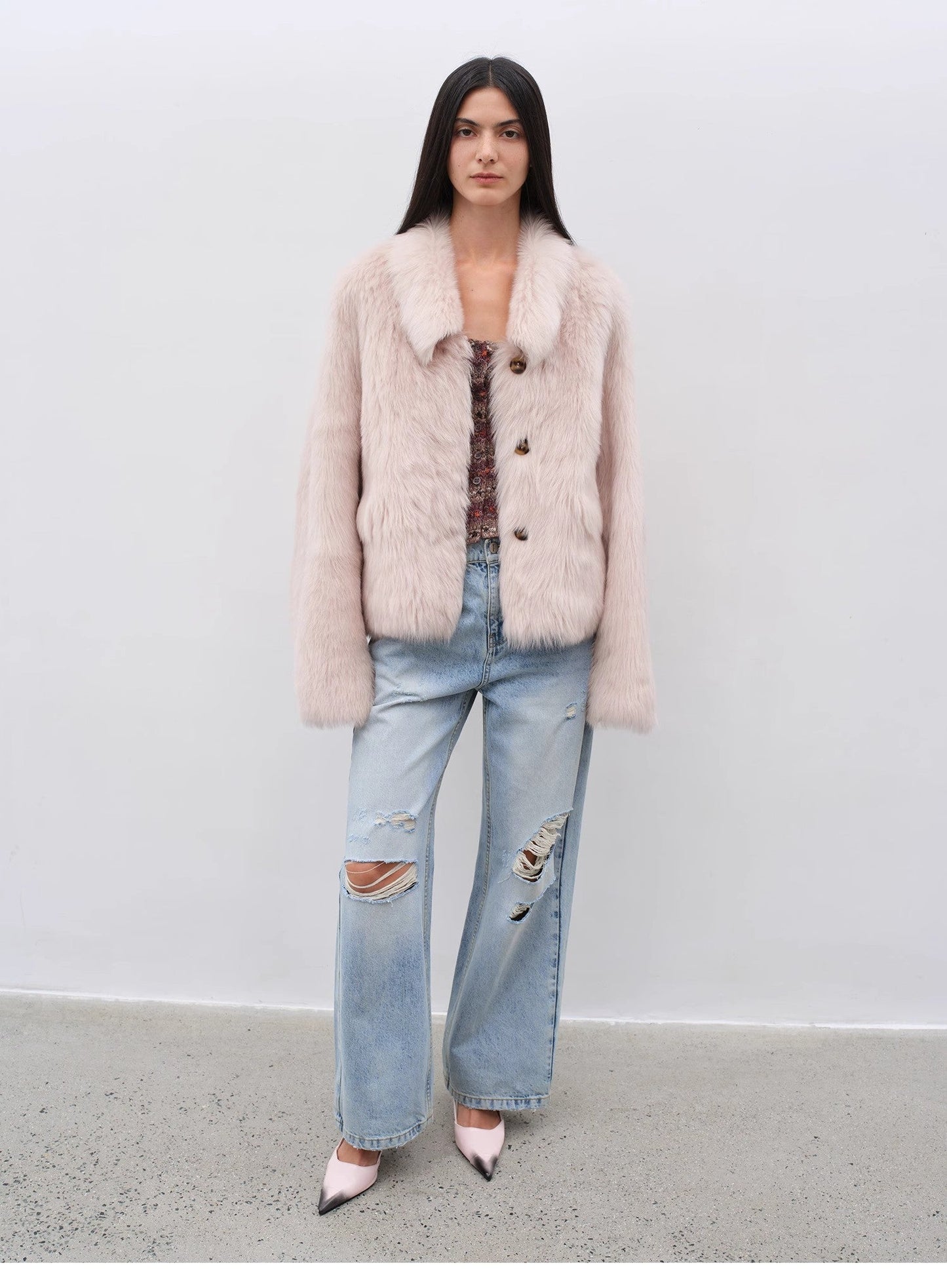 "Dream Walk" Long Lapel Tuscan Wool Sheepskin Short Fur Coat for Women