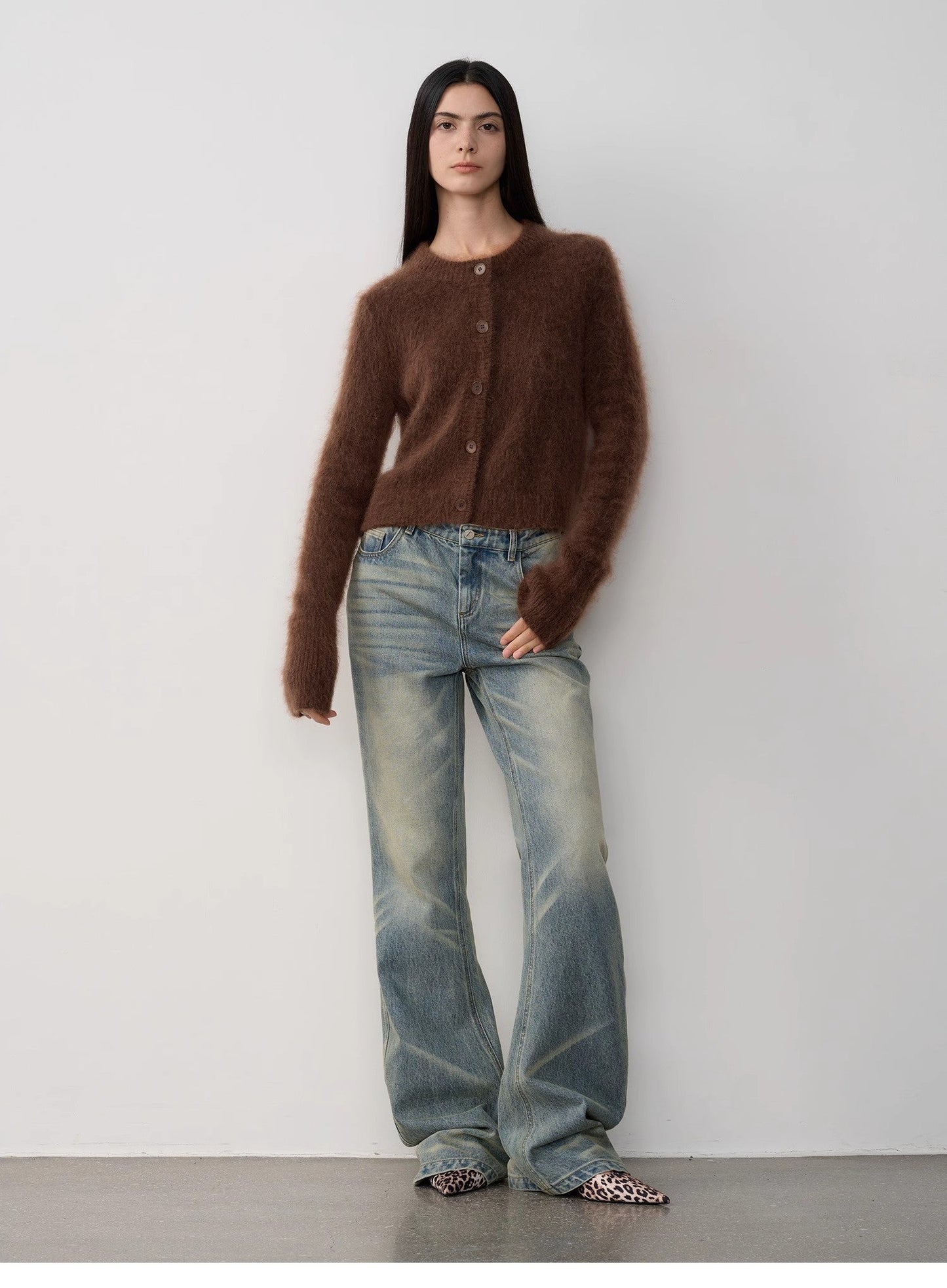 "Relaxation Notes" High-Proportion Mohair Knit Cardigan Women's Loose Short Round Neck Sweater Jacket