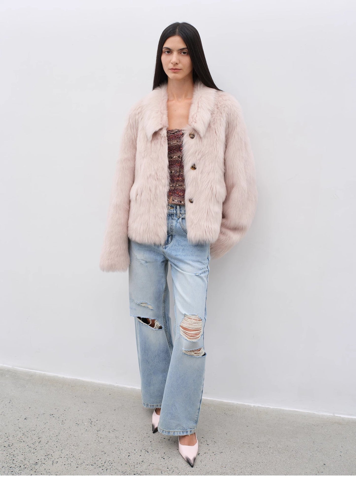 "Dream Walk" Long Lapel Tuscan Wool Sheepskin Short Fur Coat for Women