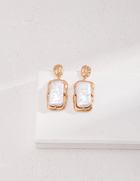 Rectangle Link Pearl Earrings