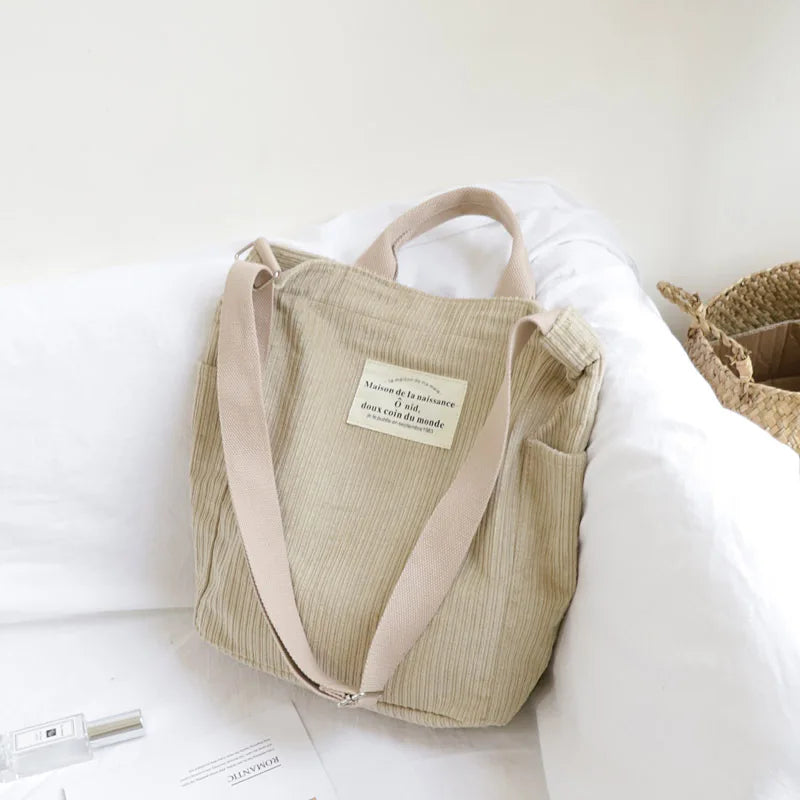 Women Corduroy Shoulder Bag Large Capacity Cloth Handbag Tote Female Crossbody Messenger Bags Ladies Simple Canvas Zipper Purses