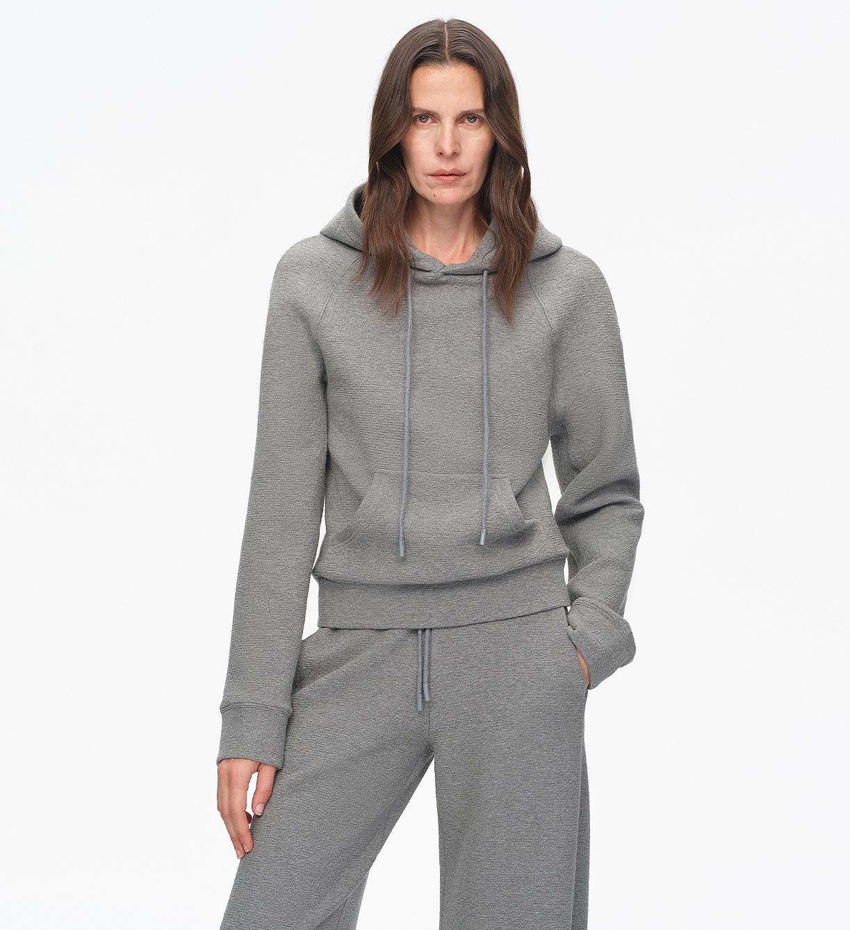 "Casual Life" Textured Cotton Loose Straight Hooded Short Sweatshirt