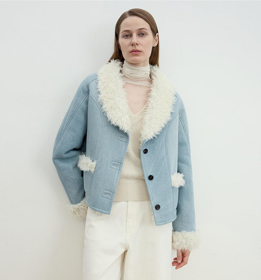 "Pure Era" Imported High-Quality Lamb Contrast Color Fruit Collar Short Wool Fur Coat