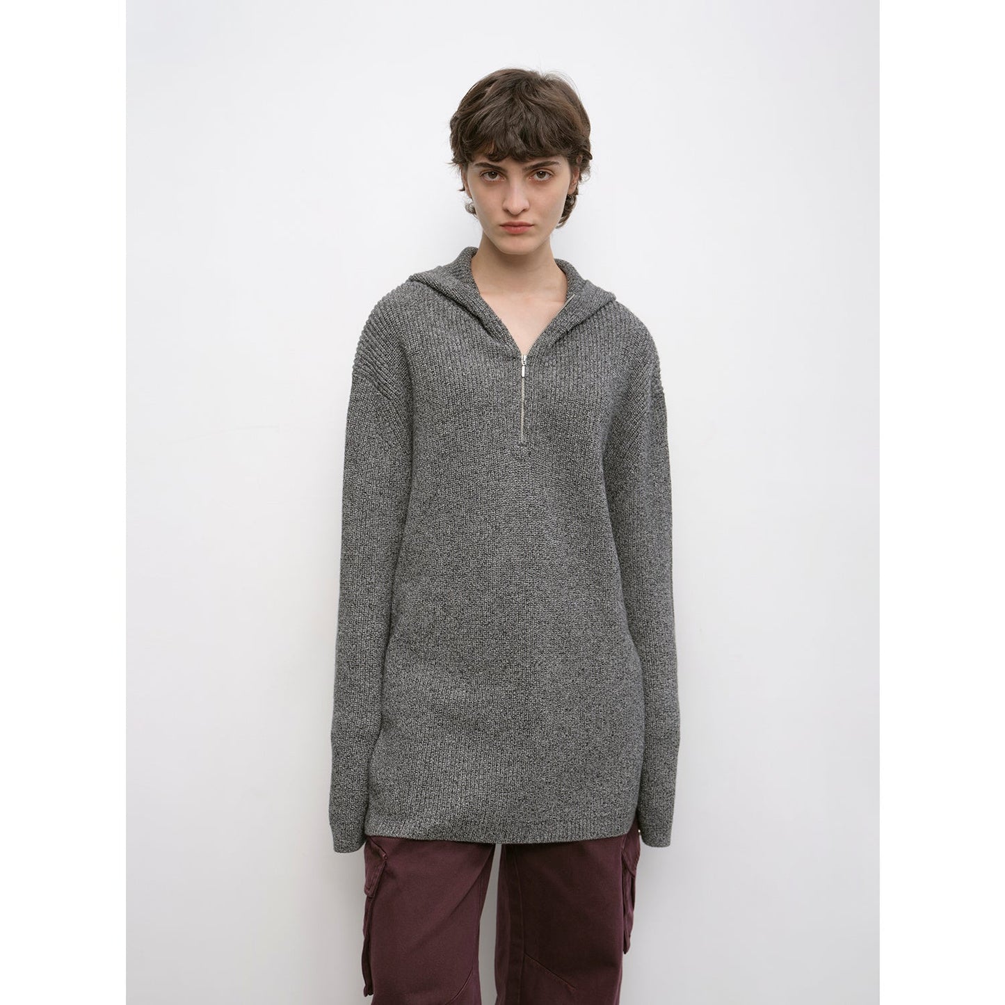 "Autumn Ticket" Simple and Versatile Zhongding 30s Wool Blend Hoodie Zipper Round Neck Sweater