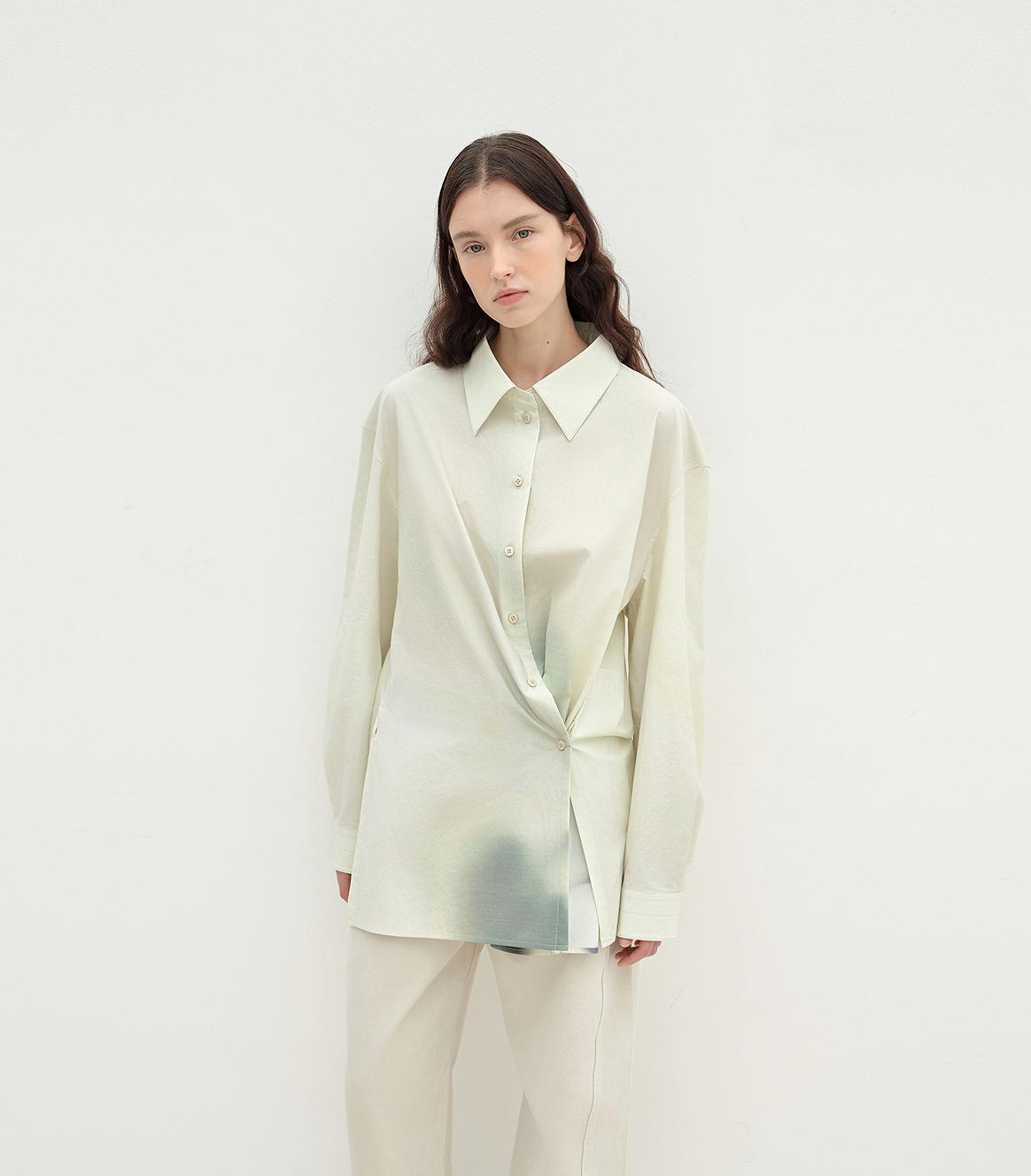 "Green Time" Lapel Side Slit Two-Wear Cotton Printed Shirt