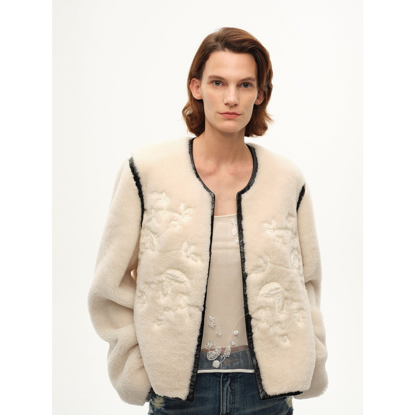 "FF×JW Muse Project" Embroidered Round Neck Short Merino Wool Sheepskin Fur Coat