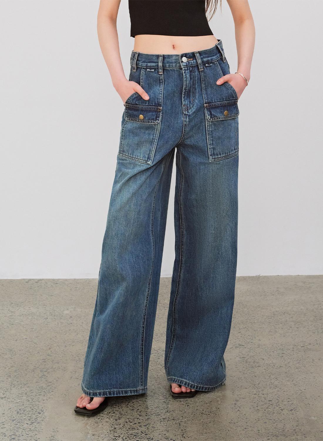 "Silent Deep Sea"Washed Vintage Blue Straight-Leg Workwear Jeans for Women, Loose Wide-Leg High-Waisted Pants