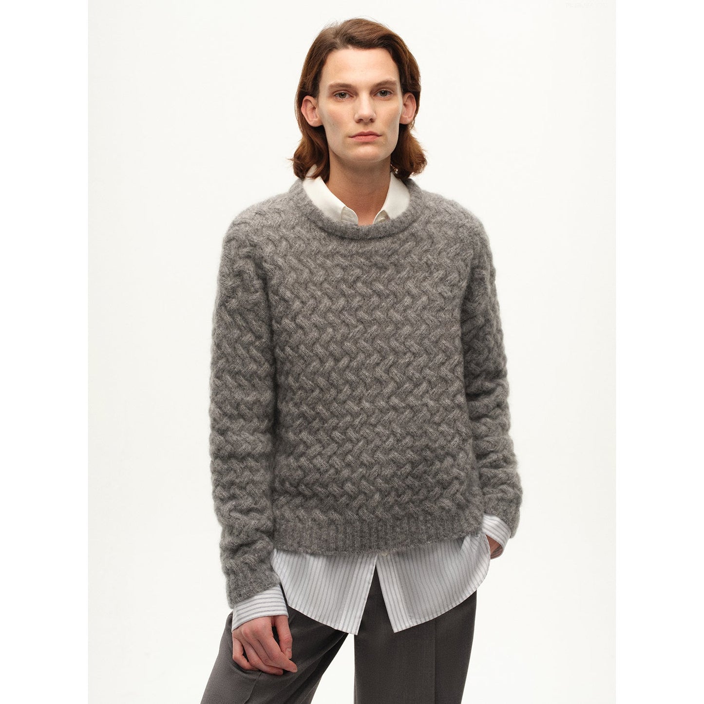 Classic Mohair Pullover Sweater w/ Textured Knit and Warmth-Enhancing Round Neck