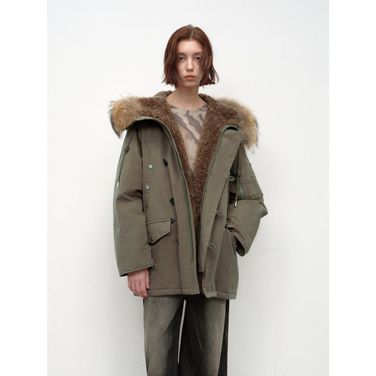 Fireladyfur Women's Shearling Lined Down Parka With Raccoon Fur Collar Hood"Coastal Highway II"