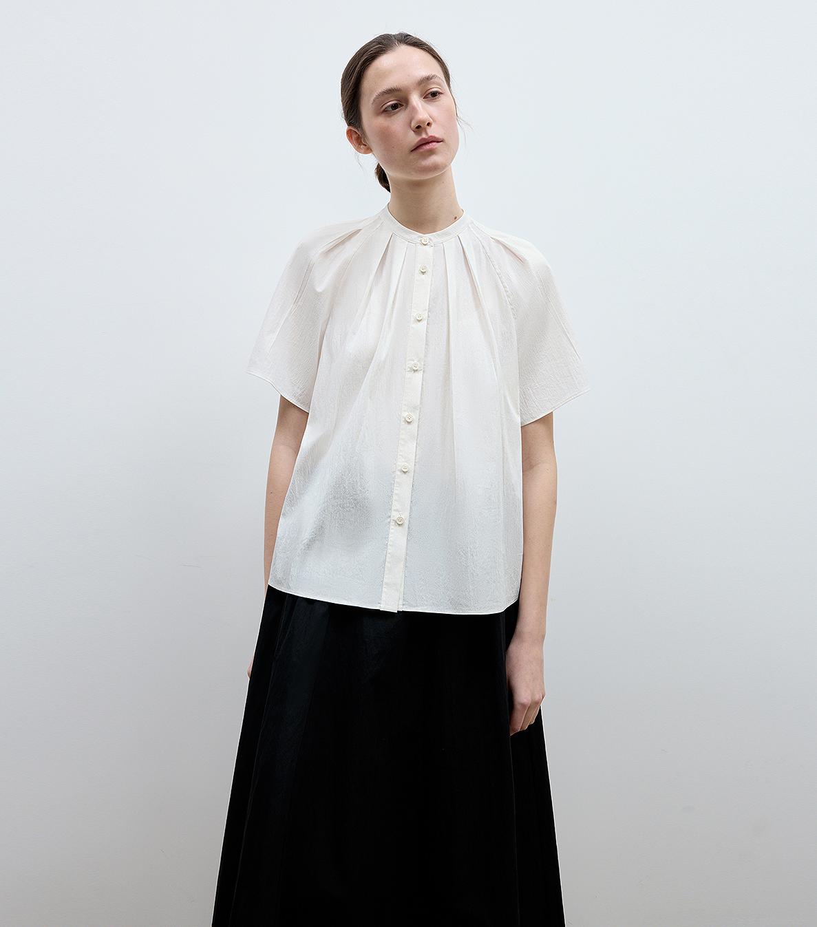 "Silent Island" Stand-Up Collar Pleated Short-Sleeved Shirt Women's Casual Top