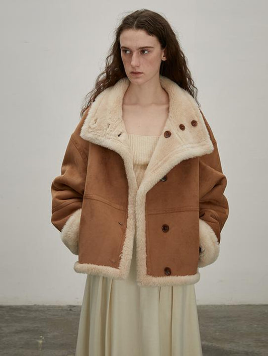 Fireladyfur Women's Faux Leather Shearling Jacket - Long Reversible Wool Coat Christmas Elk Design