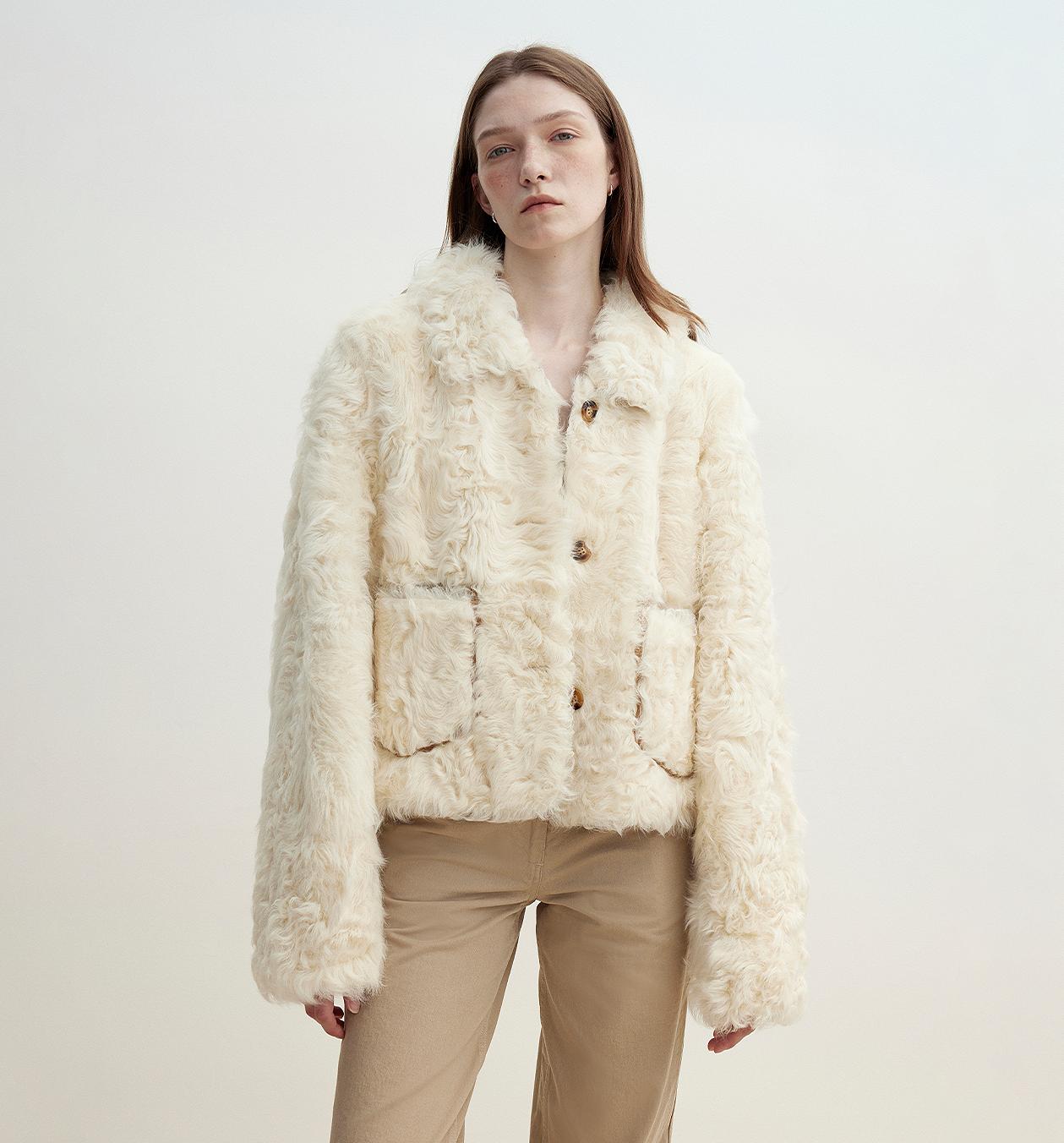 "Rachel" Frost-Smudged Two-Tone Sheepskin Lapel Coat