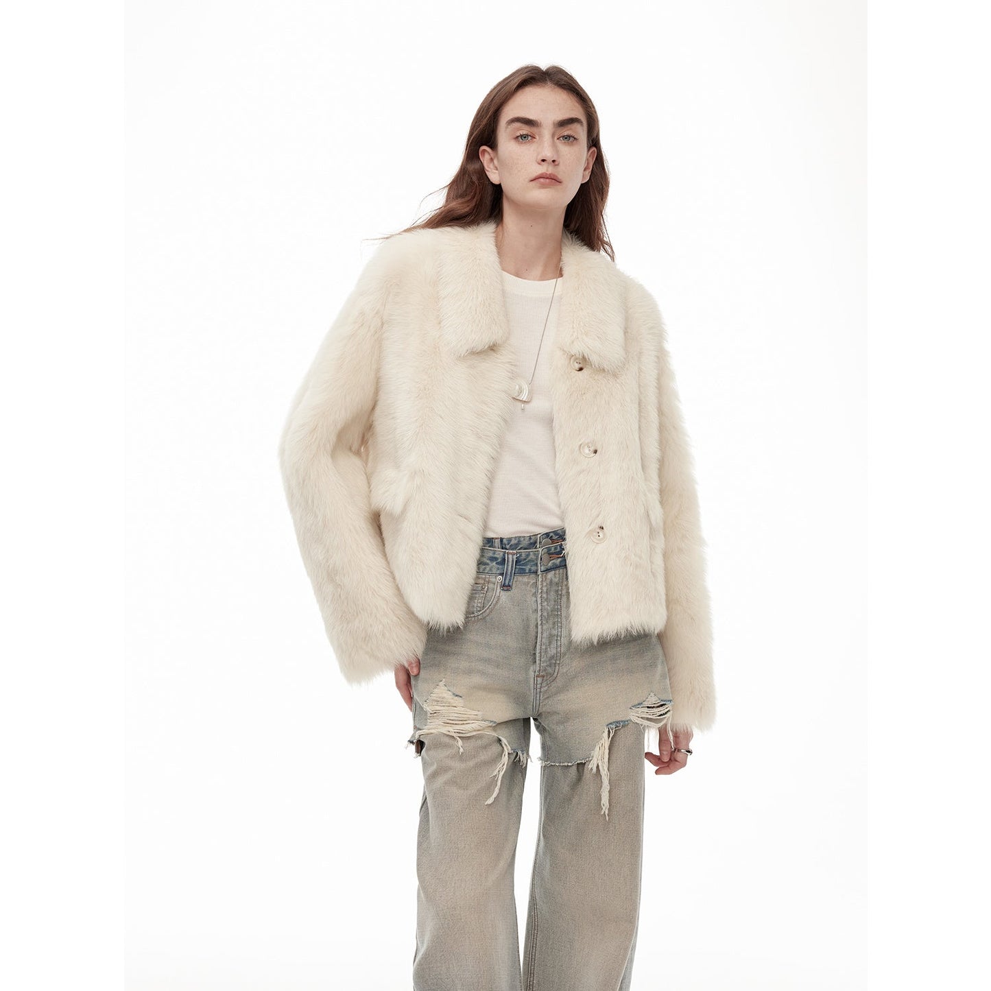 "Dream Walk" Long Lapel Tuscan Wool Sheepskin Short Fur Coat for Women
