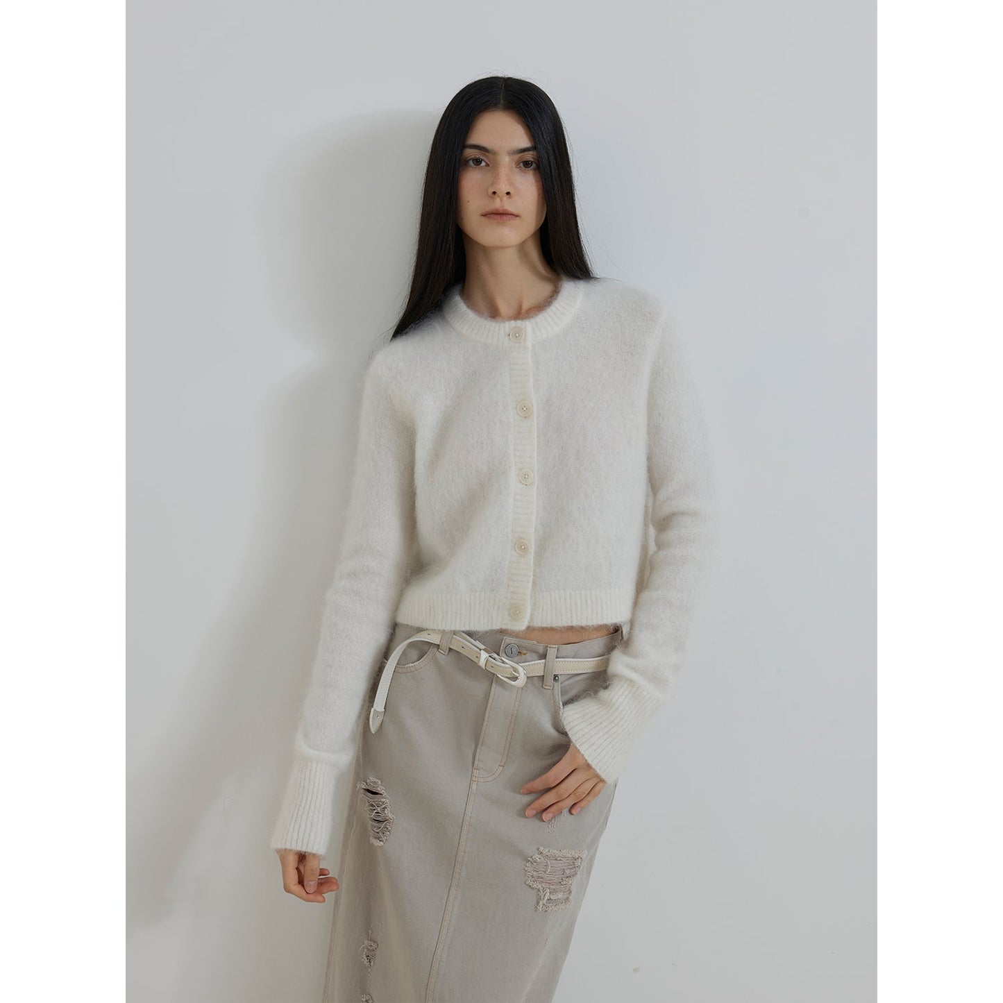 "Relaxation Notes" High-Proportion Mohair Knit Cardigan Women's Loose Short Round Neck Sweater Jacket