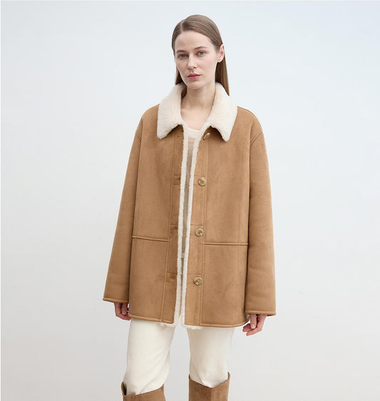 Women's Reversible Sheepskin-Look Jacket With Wool & Suede“Vintage Manor”