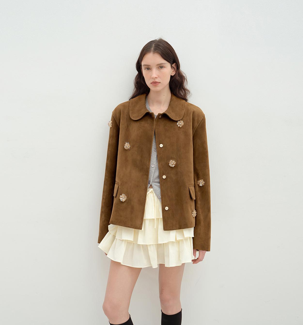 Fireladyfur Women's Short Genuine Leather Jacket With Beading"Velour"