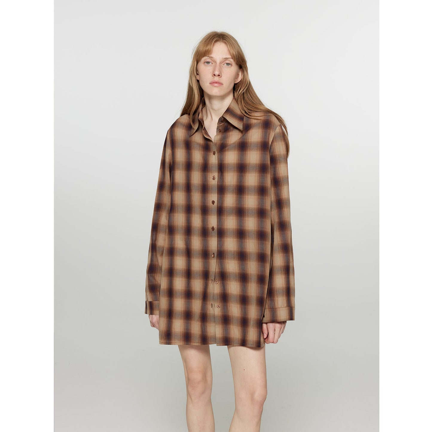 "Tea Grid" High-Quality High-Count Cotton Loose Retro Plaid Shirt