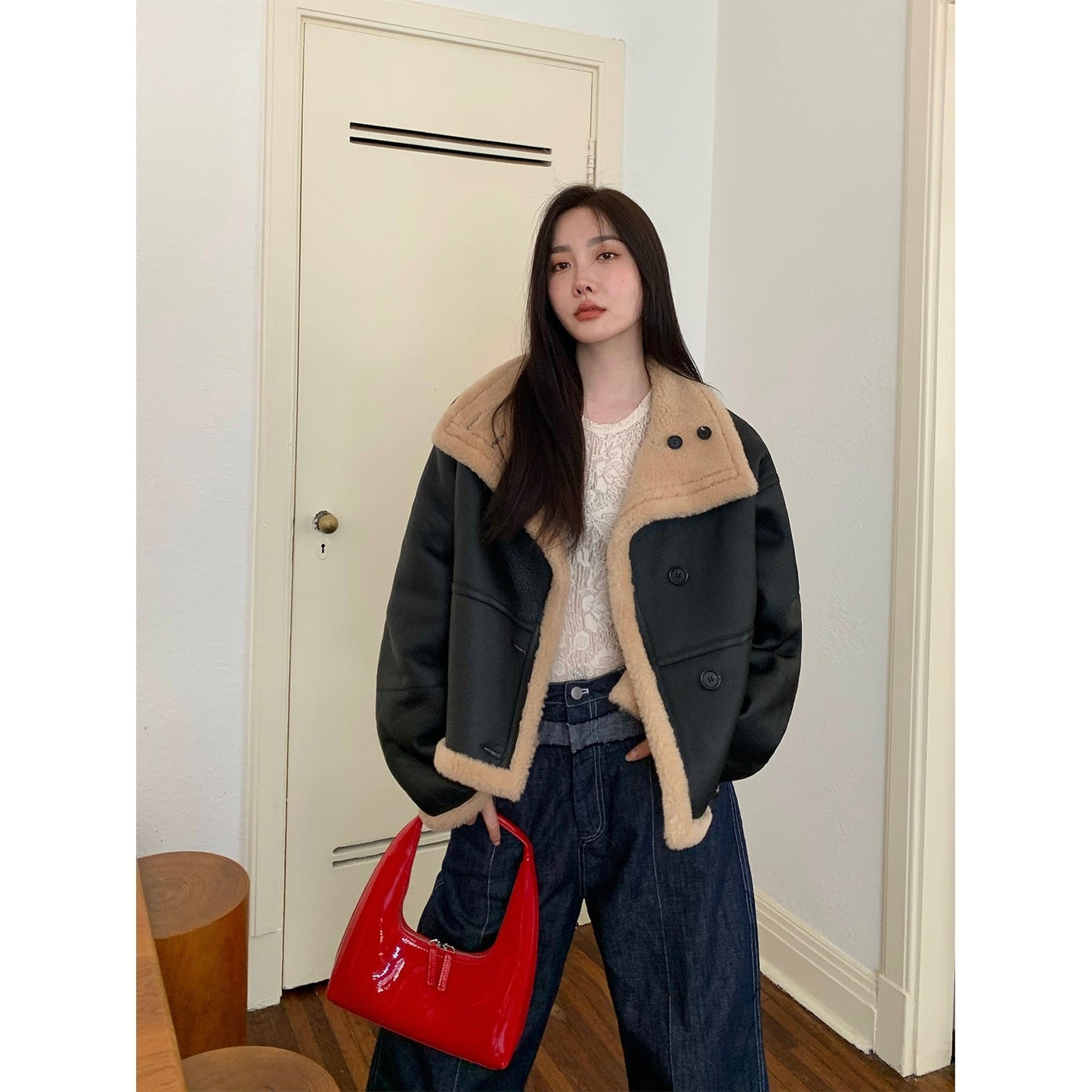 "Corner Coffee" Merino Wool Sheepskin Stand-Up Collar Motorcycle Reversible Young Fur Coat for Women