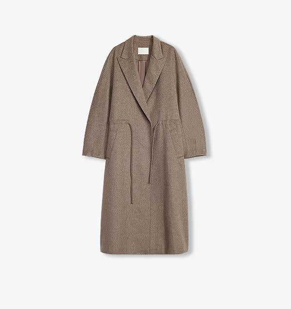 women's Original Color Wool Peaked Lapel Drawstring Mid-Length Wool Coat