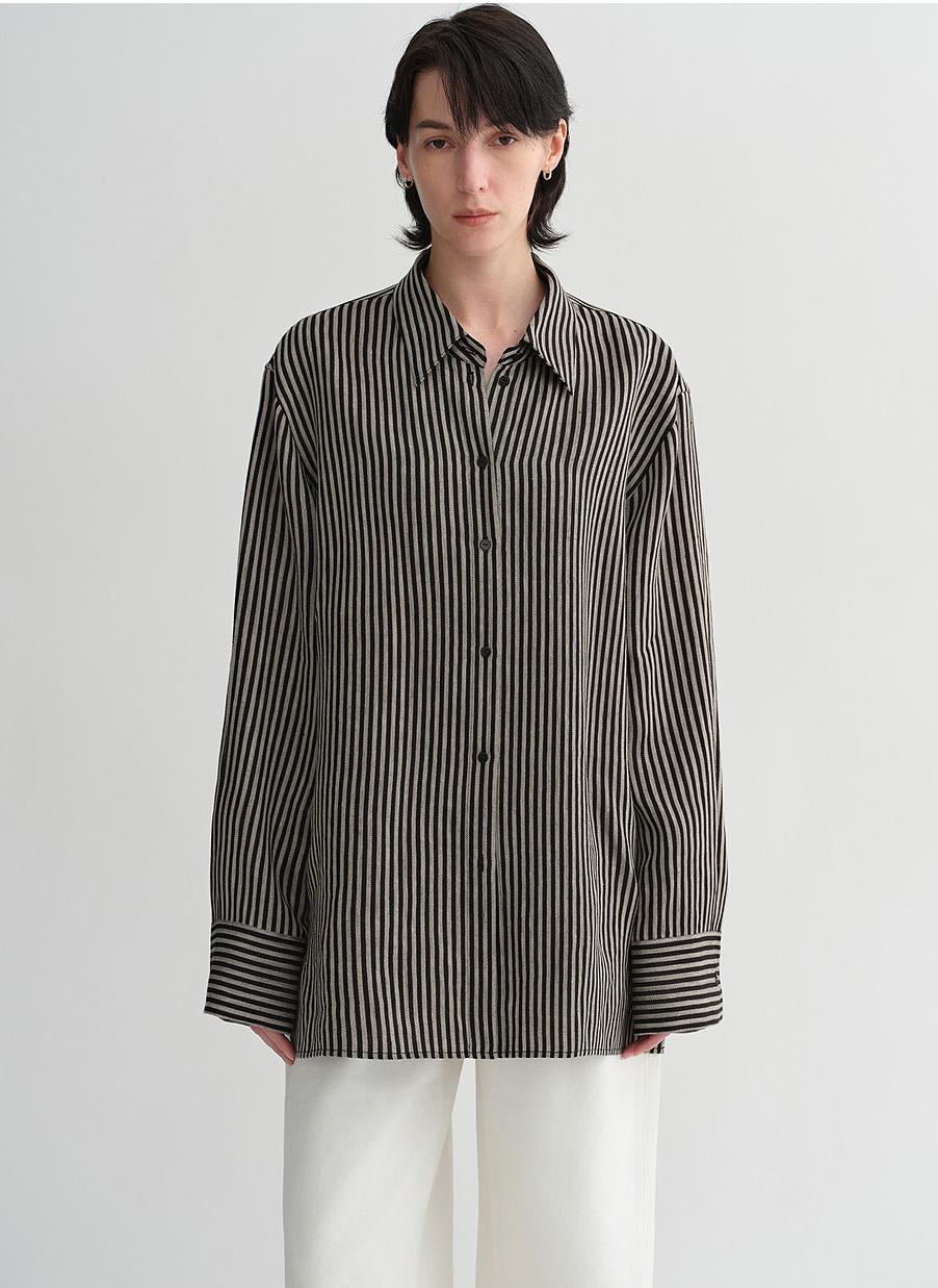 100% Linen Classic Silhouette Pinstripe Lapel Wide Breathable Long Sleeve Spring and Summer Shirt for Women