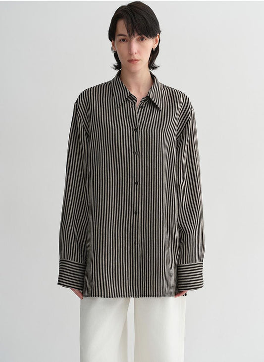 100% Linen Classic Silhouette Pinstripe Lapel Wide Breathable Long Sleeve Spring and Summer Shirt for Women